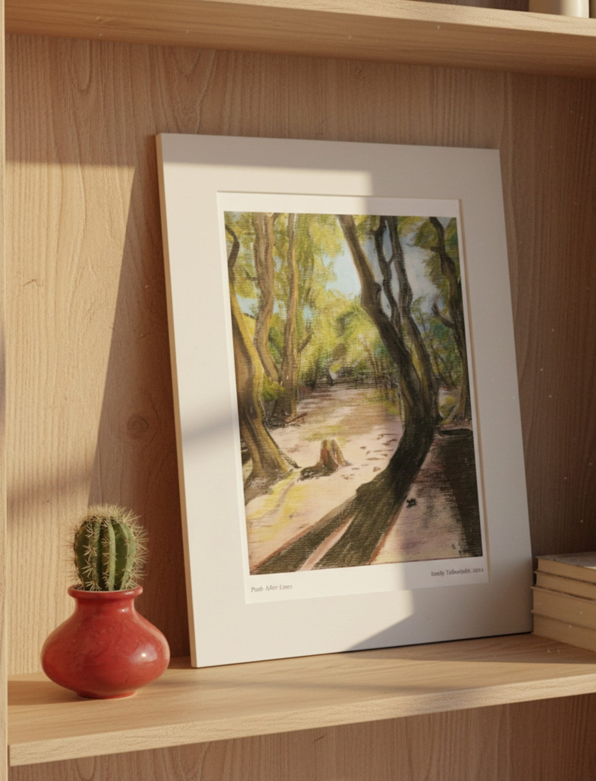 Path After Lines Mounted Art Print Summery Woodland Scene in an alcove with deep shadows and a cactus