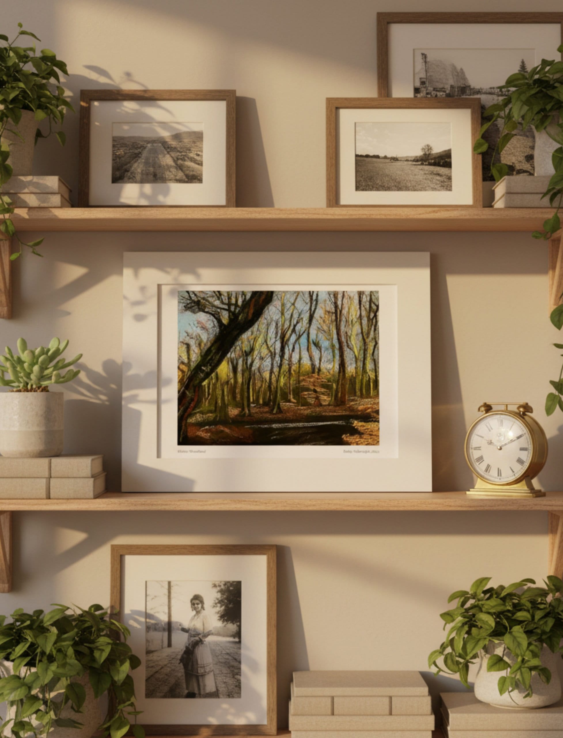 Winter Woodland Mounted Art Print on book shelves with plants and photos