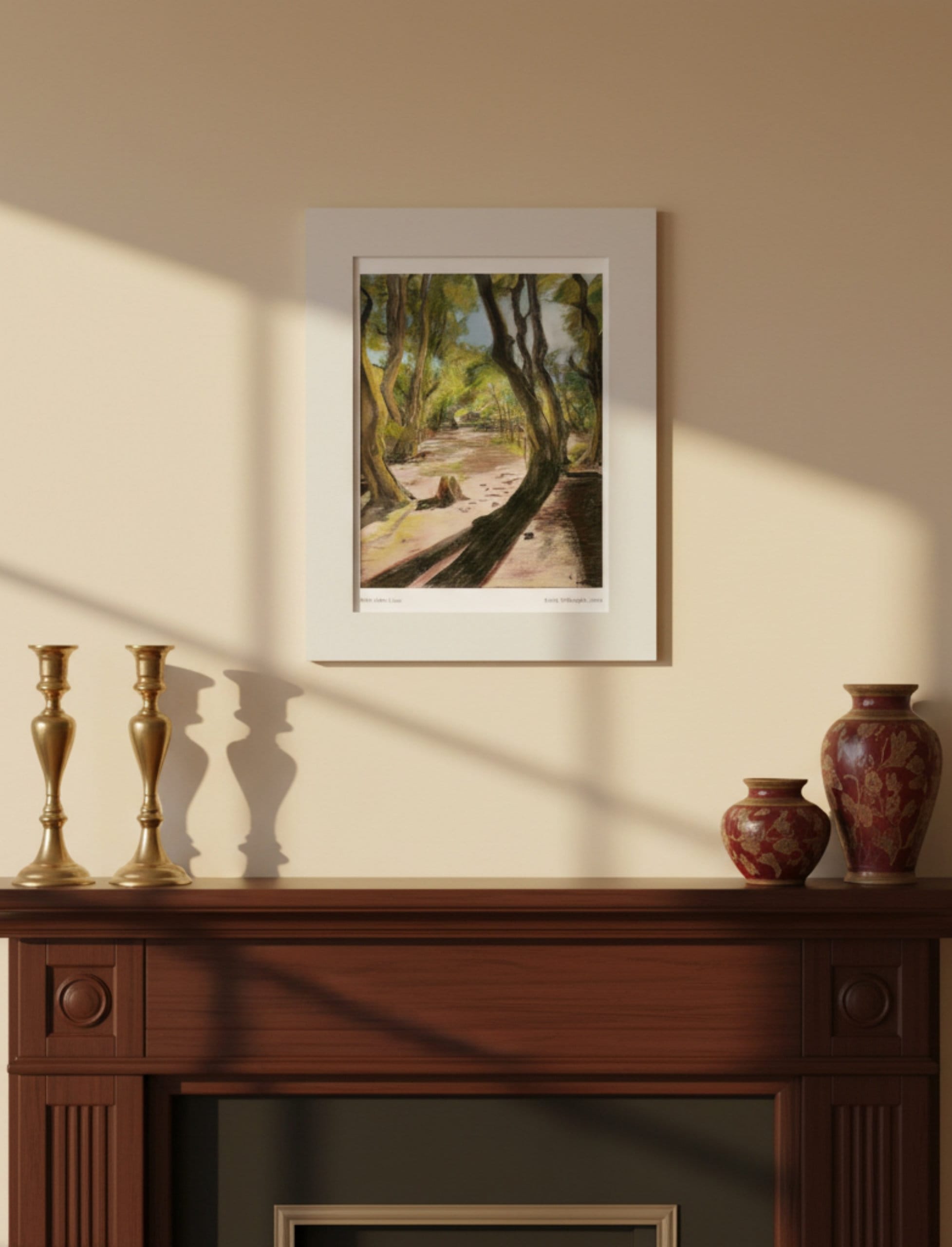 Path After Lines Mounted Art Print Summery Woodland Scene on the wall above a mantel piece with candlesticks