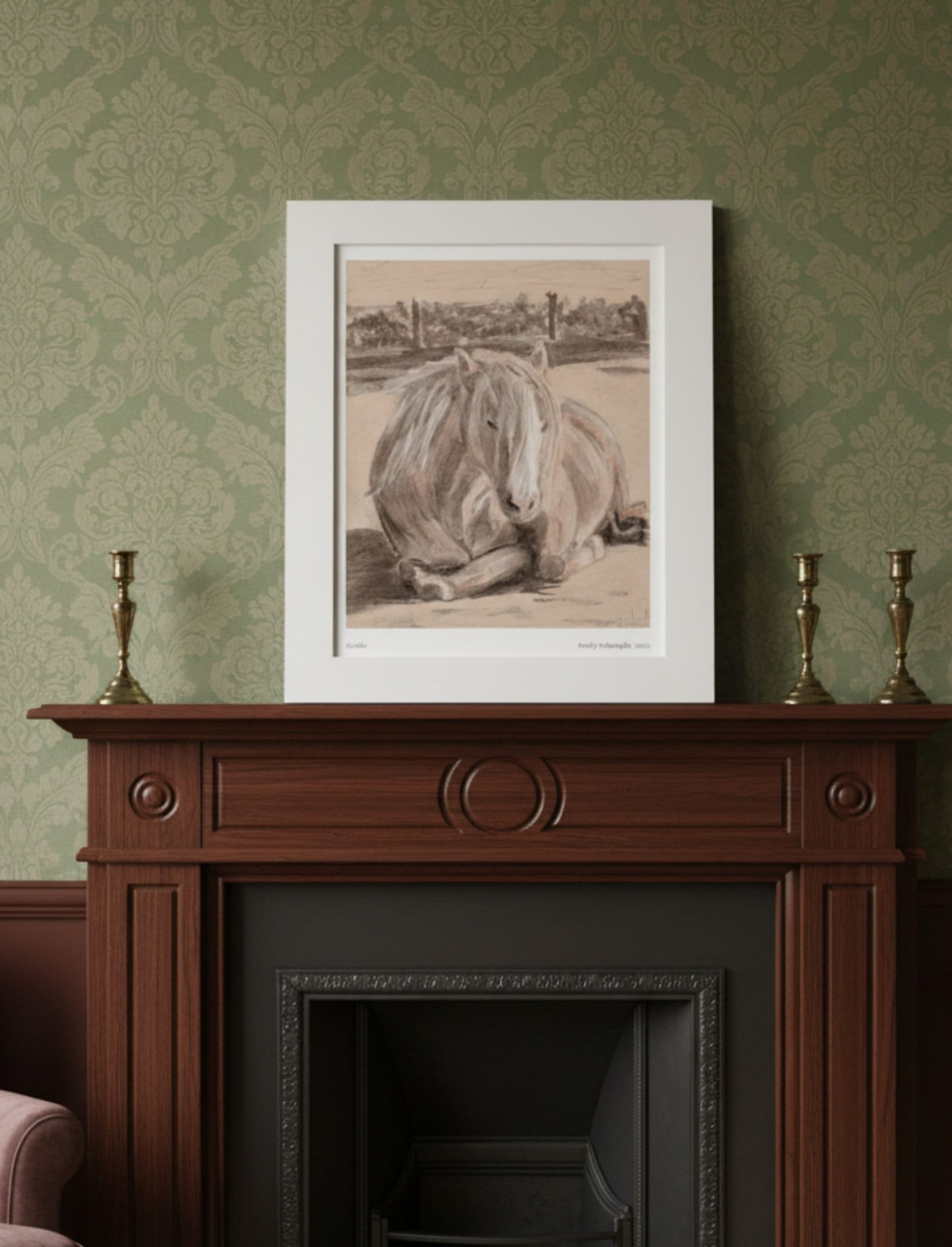 Goldie the palomino mounted art print on a brown mantelpiece with green walls