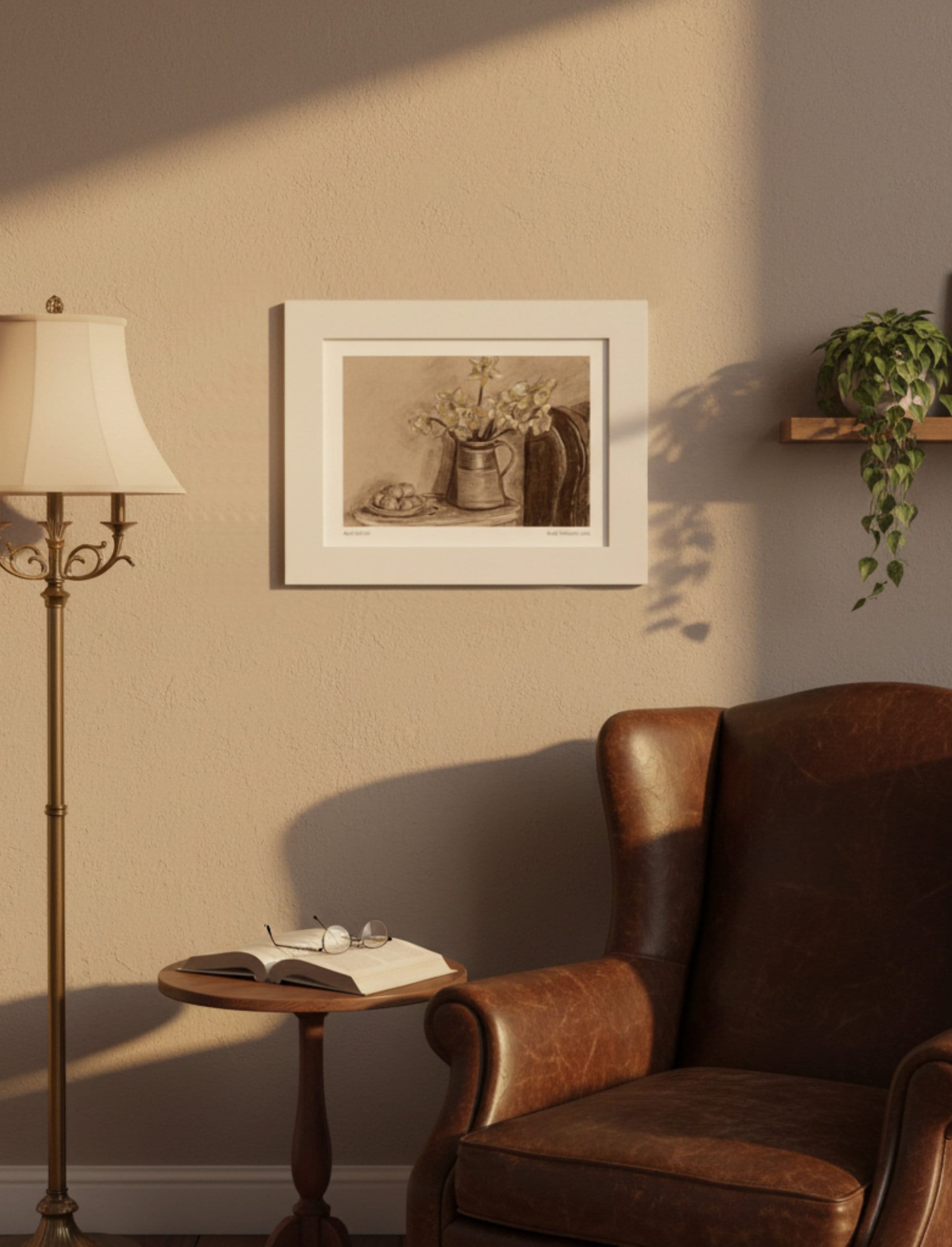 April Still Life Mounted Art print above a leather chair with a standard lamp