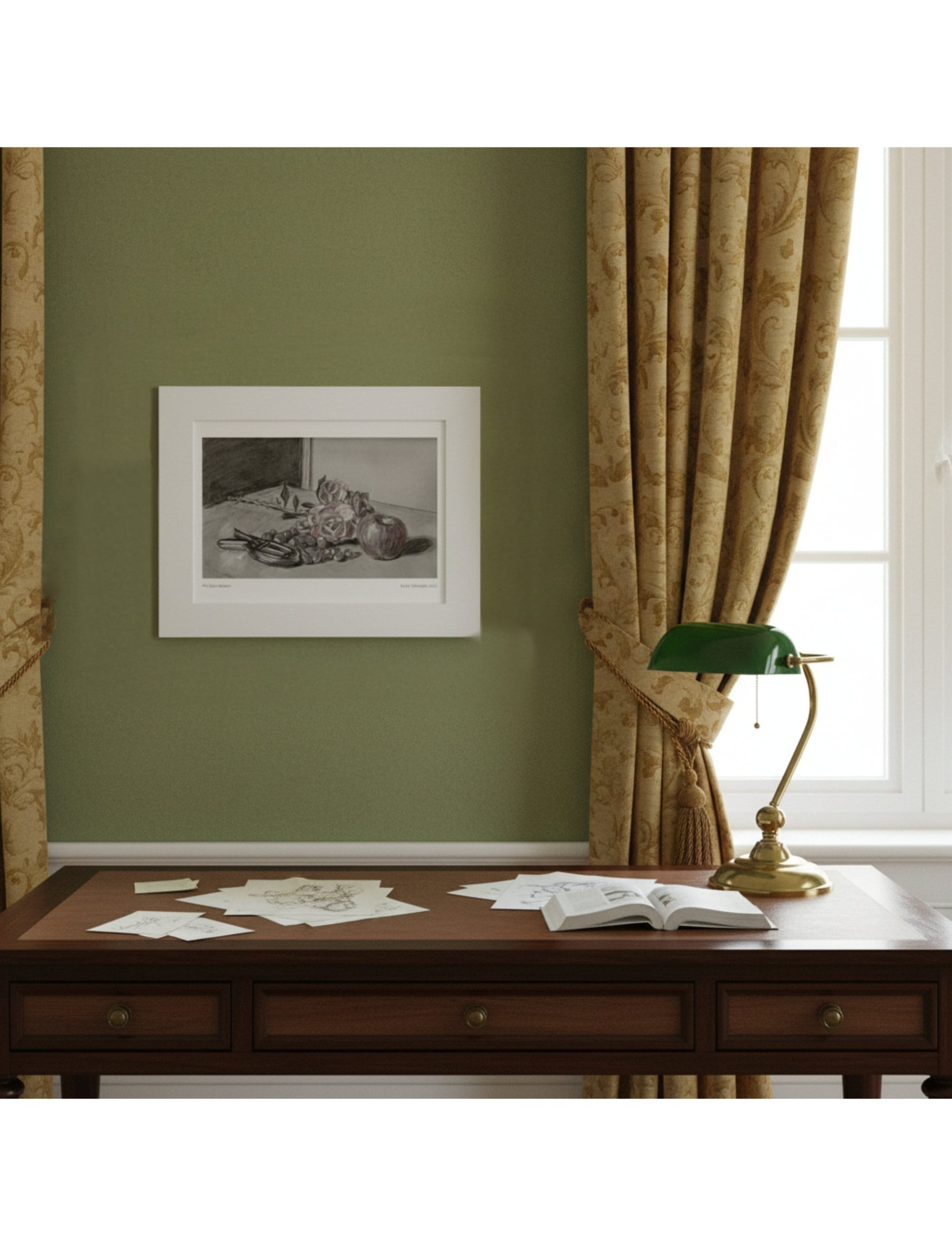 Not Quite Autumn Mounted Art Print Still Life on wall above a desk
