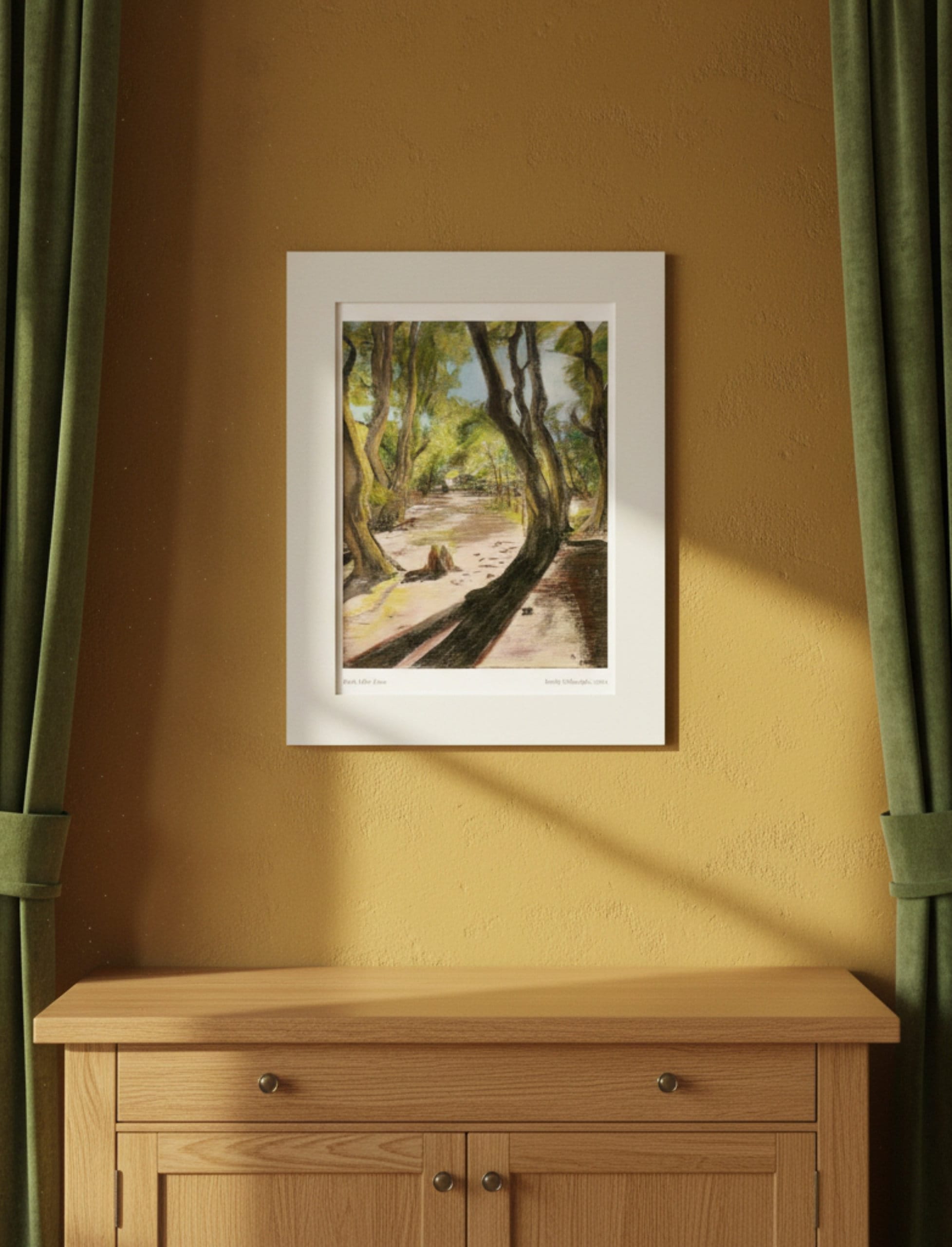 Path After Lines Mounted Art Print Summery Woodland Scene on a yellow wall over a modern oak sideboard