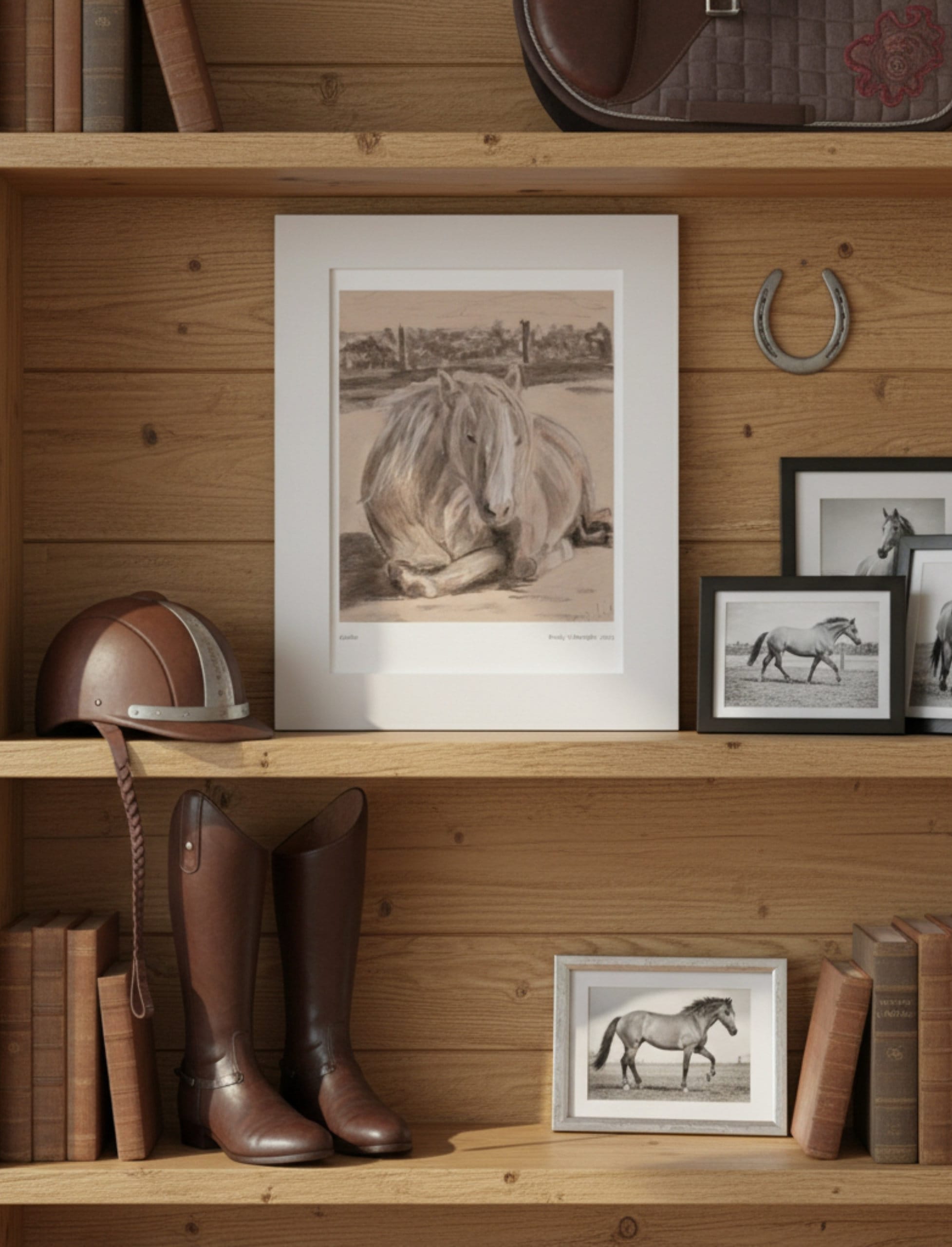 Goldie the palomino mounted art print on shelves with horse memorabilia