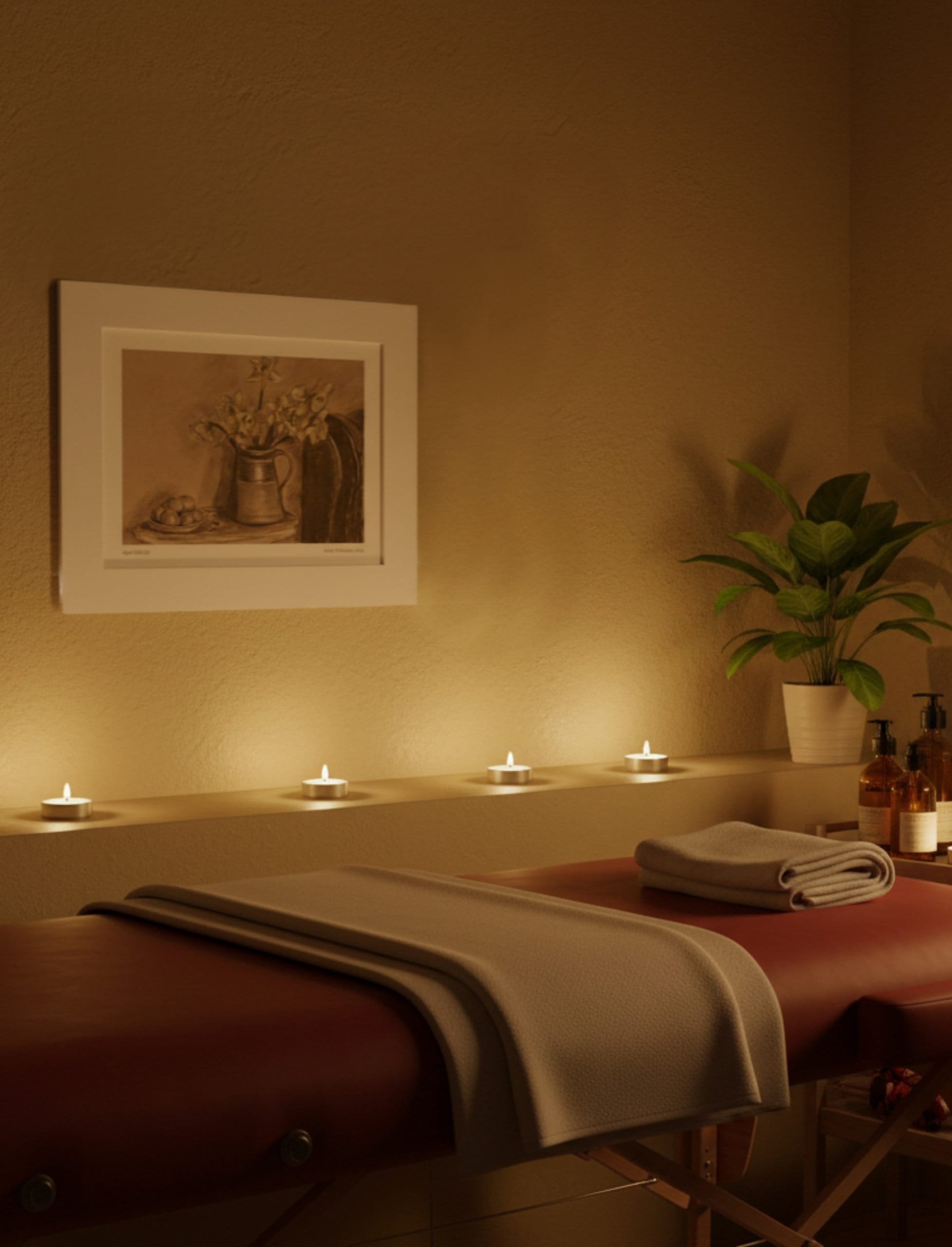 April Still Life Mounted Art print above a therapy couch with tea lights