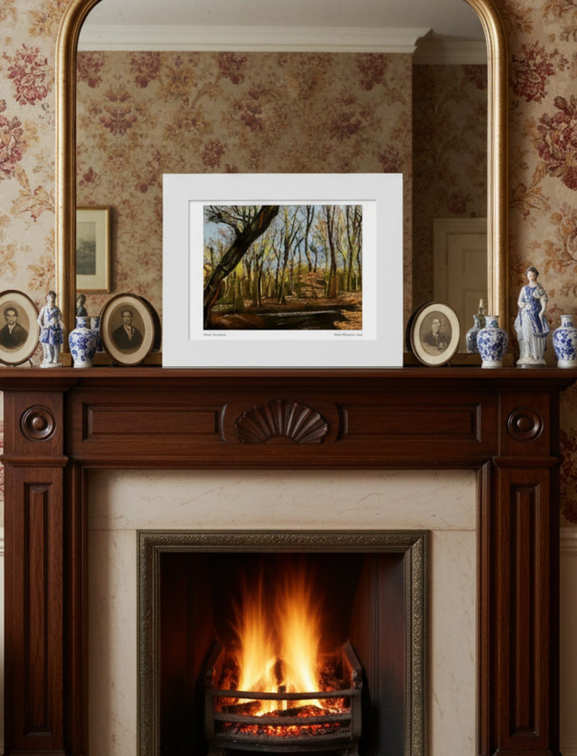 Winter Woodland Mounted Art Print on the mantel piece of an old-fashioned room with mirror
