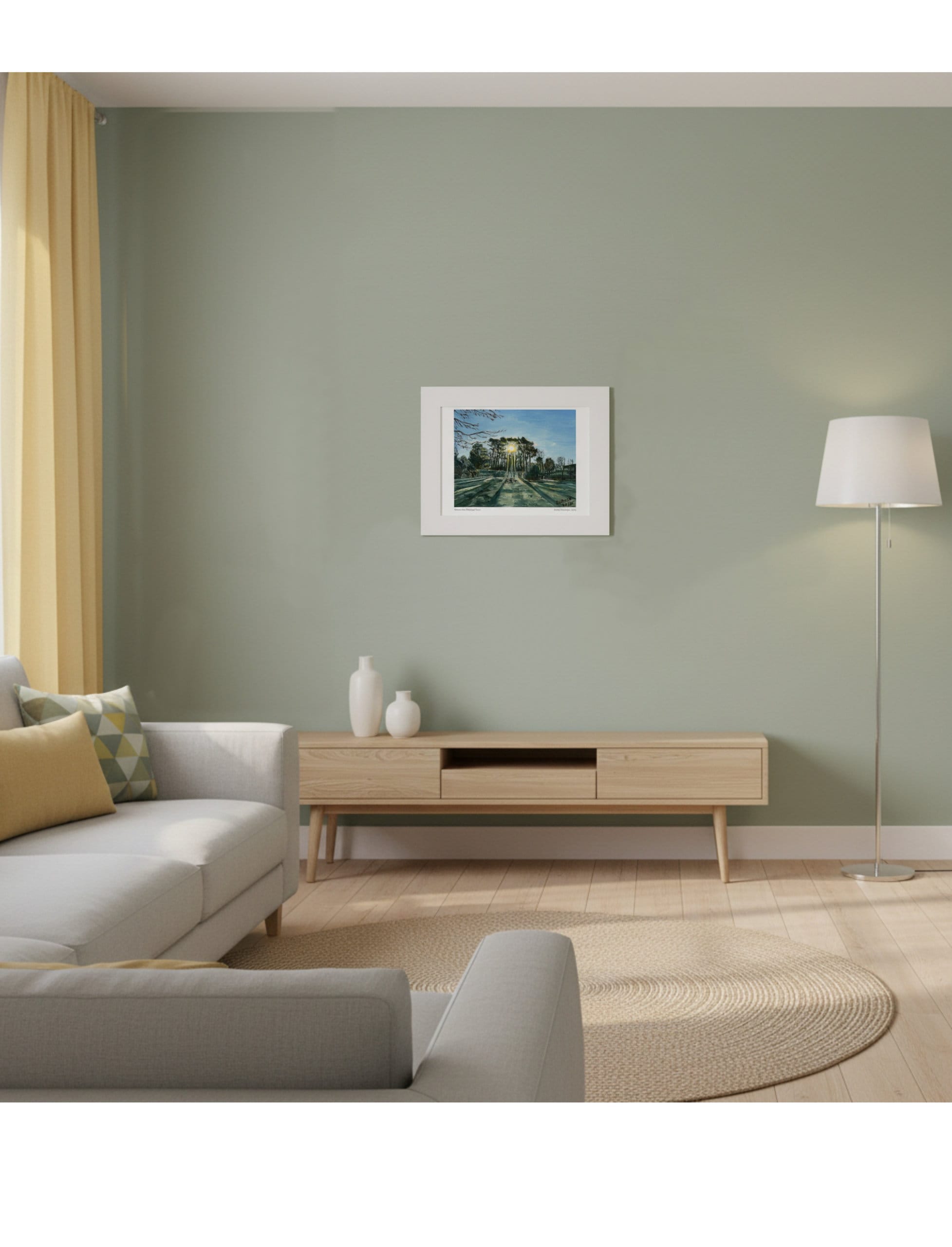 Winter Sun Through Trees Mounted Art Print on a green wall in a modern living room