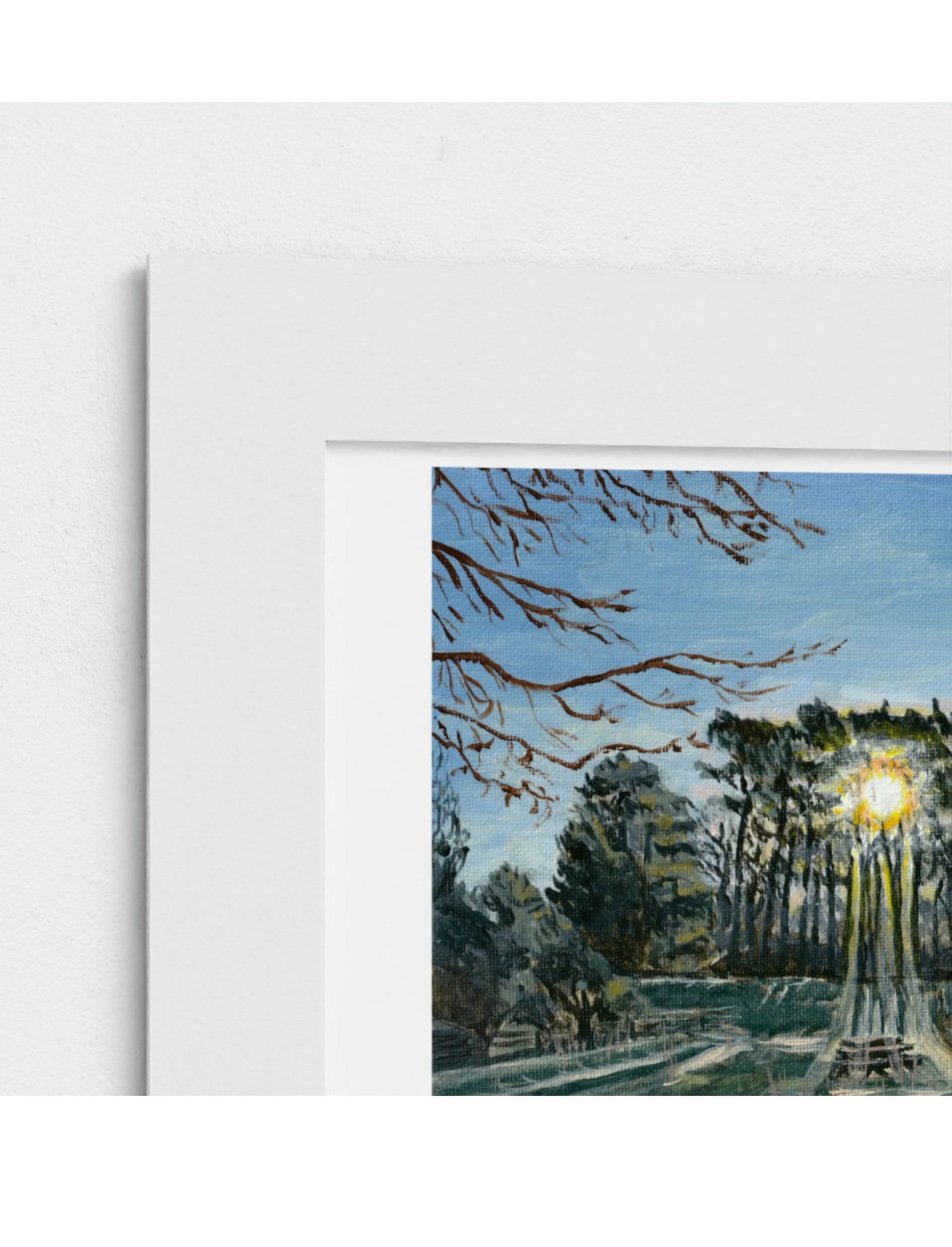 Winter Sun Through Trees Mounted Art Print, 11" x 14", landscape painting by Emily tellwright