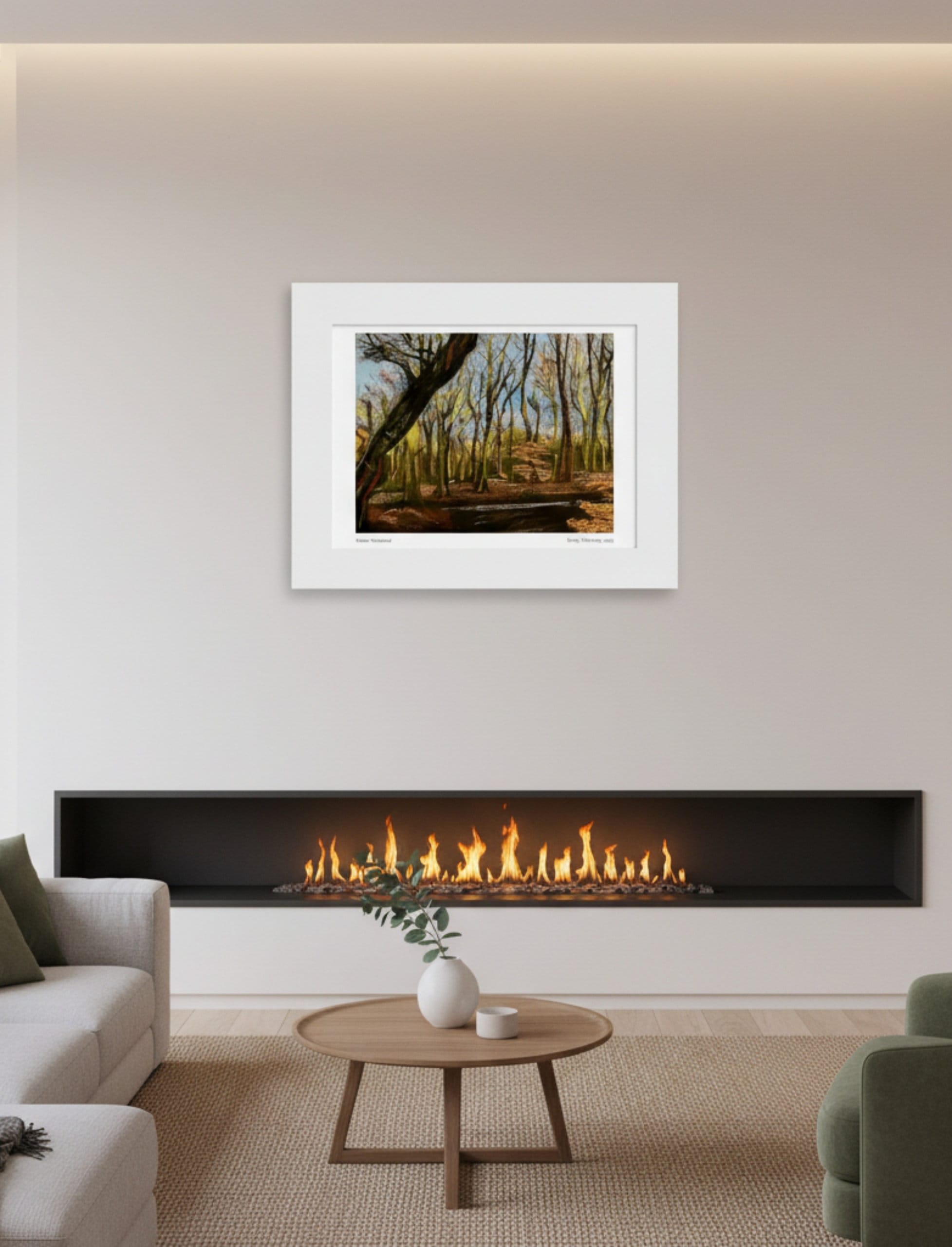 Winter Woodland Mounted Art Print above a fireplace in a modern minimalist room