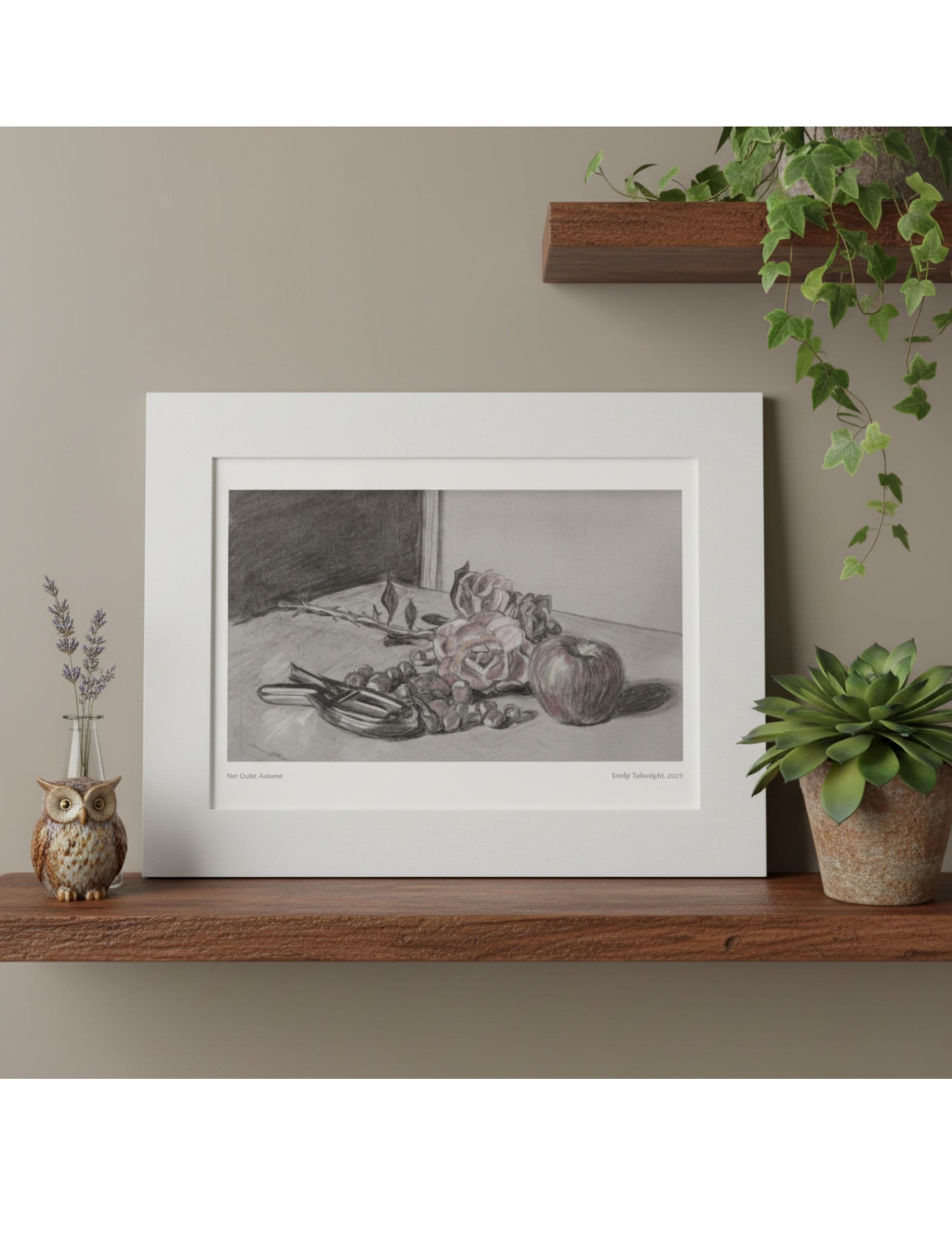Not Quite Autumn Mounted Art Print Still Life on shelf with plants and ornaments